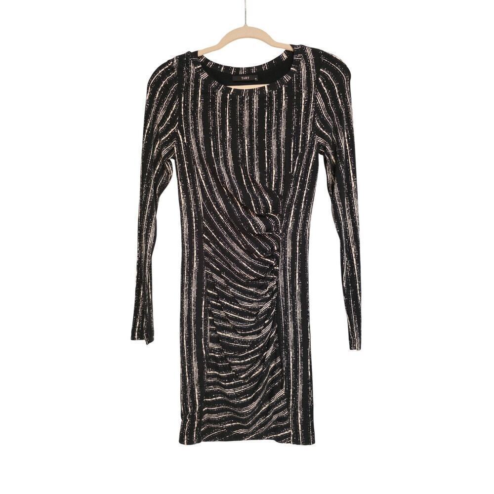 Tart Womens Black & White Striped Long-Sleeve Ruched Mini Dress‎ XS 95% Modal 5%